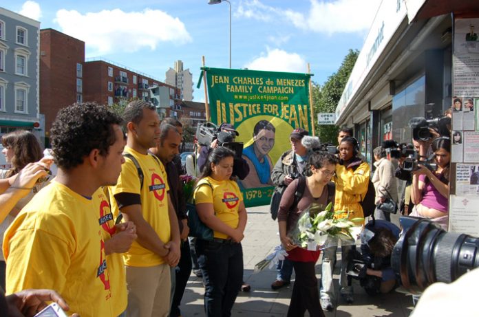 Members of the Jean Charles de Menezes family and supporters outside Stockwell Tube on July 22nd, the second anniversary of the  of the young Brazilian’s death