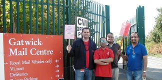 CWU pickets at Gatwick yesterday midday, RAJ  NOTHAY (2nd from left) and STEVE MATHARU (right)