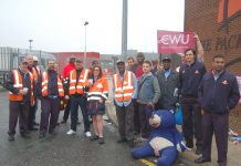 Royal Mail CWU pickets out in force at the South London Mail Centre, Nine Elms, South West London yesterday morning