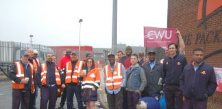 Royal Mail CWU pickets out in force at the South London Mail Centre, Nine Elms, South West London yesterday morning