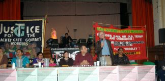 A section of the platform at the Gate Gourmet sacked workers 2nd anniversary rally with film maker KEN LOACH speaking