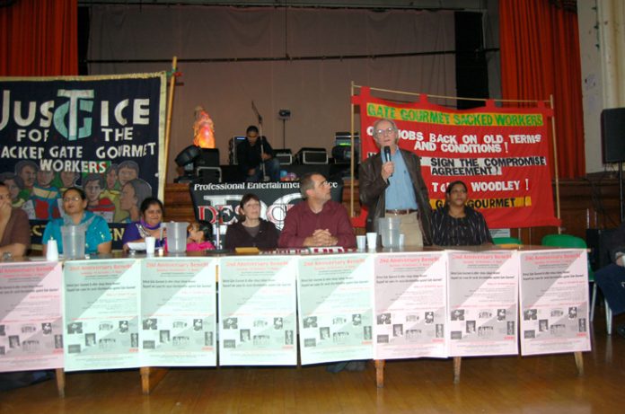 A section of the platform at the Gate Gourmet sacked workers 2nd anniversary rally with film maker KEN LOACH speaking