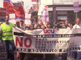 UCU members marching against cuts to ESOL courses at the College of North East London last May