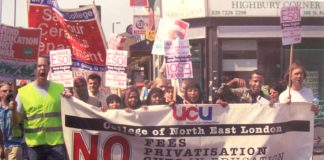 UCU members marching against cuts to ESOL courses at the College of North East London last May