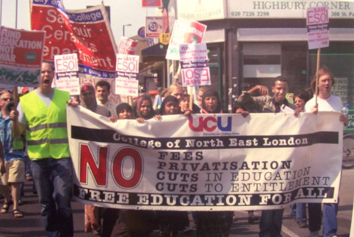 UCU members marching against cuts to ESOL courses at the College of North East London last May