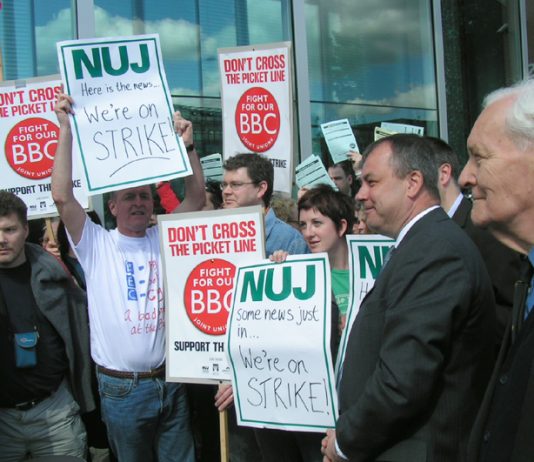NUJ and BECTU members during strike action against cuts at the BBC in May, 2005