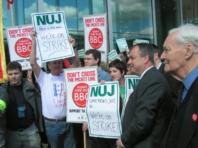 NUJ and BECTU members during strike action against cuts at the BBC in May, 2005
