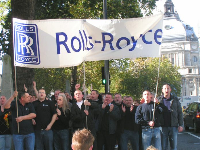 Determined Rolls Royce workers during yesterday’s ‘Manufacturing Lobby of Parliament’ organised by the Unite union