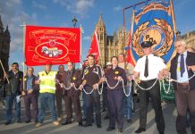 Trade unionists in chains outside the House of Commons yesterday afternoon demanding support for the Trade Union Freedom Bill