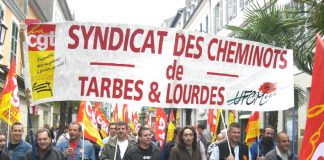 Striking French transport workers marching in Lourdes yesterday