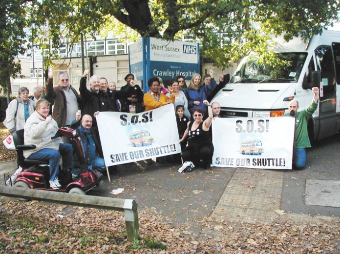 Crawley residents and hospital staff demonstrate to save the vital shuttle service between Crawley and Redhill hospitals