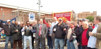 CWU leaders BILLY HAYES and DAVE WARD joined pickets at Mandela Way on the first of the series of strikes on June 29th