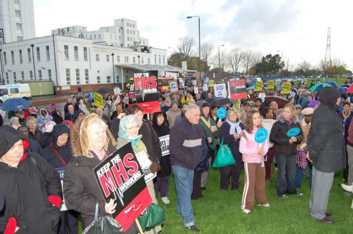 Rally in front of the St Helier Hospital in Morden – over half of London’s 32 District General Hospitals  are threatened with closure