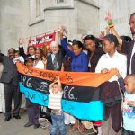 Chagos Islanders celebrate their victory outside the Court of Appeal in London on May 23