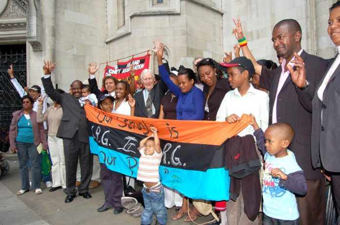 Chagos Islanders celebrate their victory outside the Court of Appeal in London on May 23