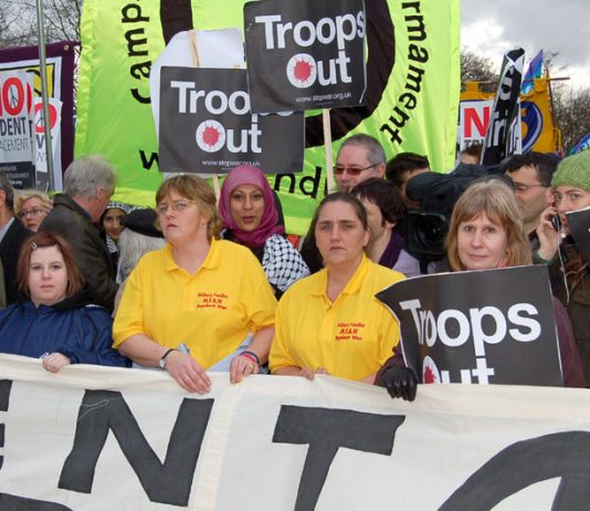 ROSE GENTLE (2nd from right) with other members of Military Families Against the War headed February’s march in London for troops out of Iraq and the rejection of a new Trident missile