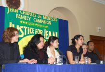 The platform at yesterday’s press conference given by the family of Jean Charles de Menezes, including his cousins Patricia da Silva Armani (second from left) and VIvian Figueiredo (third from left)