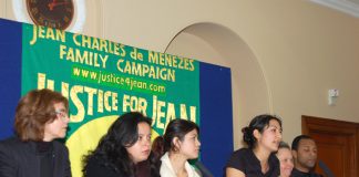 The platform at yesterday’s press conference given by the family of Jean Charles de Menezes, including his cousins Patricia da Silva Armani (second from left) and VIvian Figueiredo (third from left)