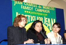 Patricia da Silva Armani (centre) addressing Thursday’s press conference by the family of Jean Charles de Menezes, with Vivian Figueiredo (right) – both cousins of Jean Charles