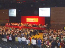 ‘THROW OUT THIS SELL-OUT DEAL!’ – Appeal from South Central No 1 Branch of the CWU Rose Gentle (centre) leading a march in February this year demanding withdrawal of British troops from Iraq