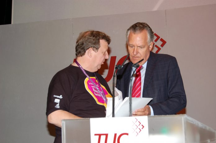 The GMB’s PHIL DAVIES confronts Work and Pensions Secretary  PETER HAIN about the Remploy crisis at the TUC Congress
