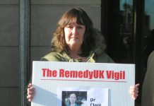 LINDSAY COOKE, from ‘Mums4Medics’ making her point outside Portcullis House, Westminster, yesterday