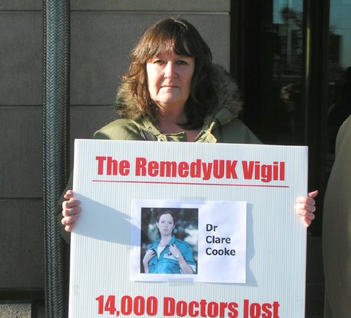 LINDSAY COOKE, from ‘Mums4Medics’ making her point outside Portcullis House, Westminster, yesterday
