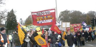 The North East London Council of Action banner leading the march to keep Chase Farm Hospital open