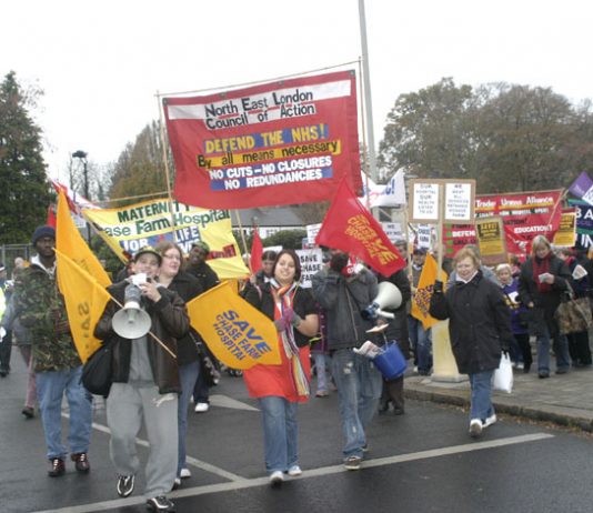 The North East London Council of Action banner leading the march to keep Chase Farm Hospital open