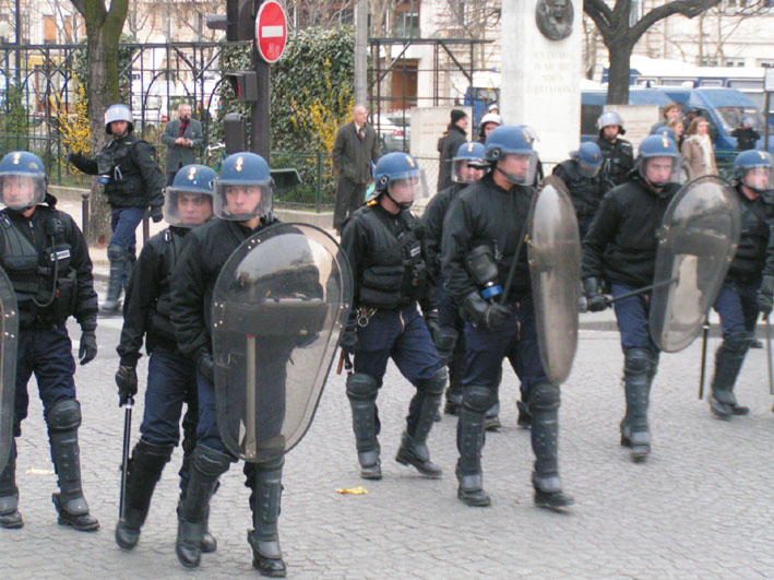 Riot police brought into the centre of Paris to confront an uprising by youth against the CPE cheap labour law that had to be abandoned by the government