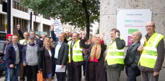 PCS members on strike against moves to privatise jobs at Caxton House, part of the DWP