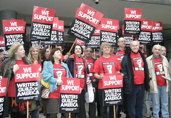 Writers, actors and directors including TIMOTHY WEST (2nd from right) and ALAN PLATER (far right) demonstrating their support yesterday on the steps of the TUC for the US screen writers strike