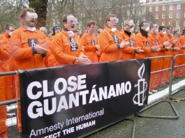 Protest outside the US embassy in London on January 11th this year, 5 years since the first prisoner was interned in Guantanamo Bay