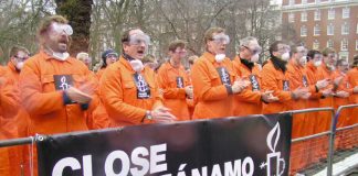 Protest outside the US embassy in London on January 11th this year, 5 years since the first prisoner was interned in Guantanamo Bay