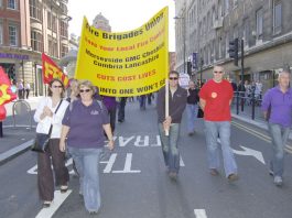 CONTROL REGIONALISATION IS ‘BLEEDING THE FIRE SERVICE DRY’ – scrap Whitehall plan says FBU FBU members marching in Liverpool in September last year against the closure of five local fire control centres in the north west of England to be replaced by one regional control