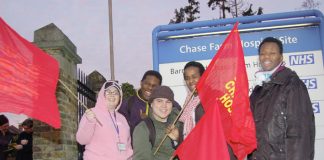 Enthusiastic youth at yesterday morning’s mass picket to keep open Chase Farm Hospital