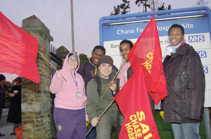 Enthusiastic youth at yesterday morning’s mass picket to keep open Chase Farm Hospital