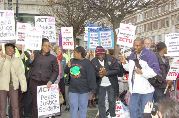 Demonstration outside the Zimbabwe Embassy in London against the arrest of trade unionists in Zimbabwe