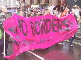 ‘No Borders’ banner on the ‘Strangers into Citizens’ demonstration on May 7th
