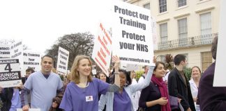 Junior doctors, members of the BMA, demonstrate against the government imposed Medical Training Application Service leaving thousands without posts. The latest government move threatens GPs