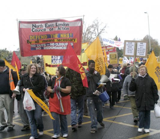 Members and supporters of the North East London Council of Action mobilised 3,000 people to march for the occupation of Chase Farm Hospital to keep it open
