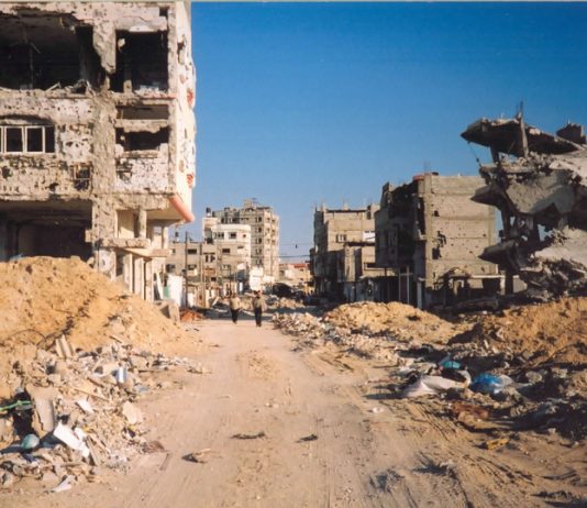 Buildings in the centre of Khan Younis destroyed by Israeli bombardment