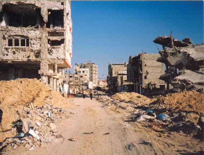 Buildings in the centre of Khan Younis destroyed by Israeli bombardment