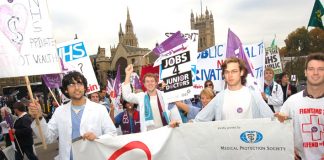 Junior doctors marching in defence of the NHS in November last year  – face more sackings under Brown’s Blairite plan