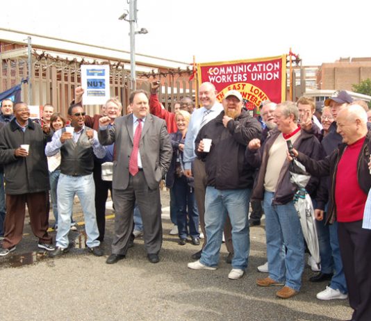 CWU leaders BILLY HAYES and DAVE WARD joined the picket line at Mandela Way in south east London on June 29