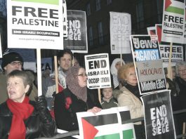 A section of the 400-strong protest opposite Downing Steet demanding an end to the Israeli siege of Gaza