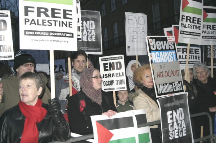 A section of the 400-strong protest opposite Downing Steet demanding an end to the Israeli siege of Gaza
