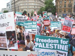 Marchers in Trafalgar Square opposing any attack on Iran during a rally last July against the Israeli attack on Lebanon