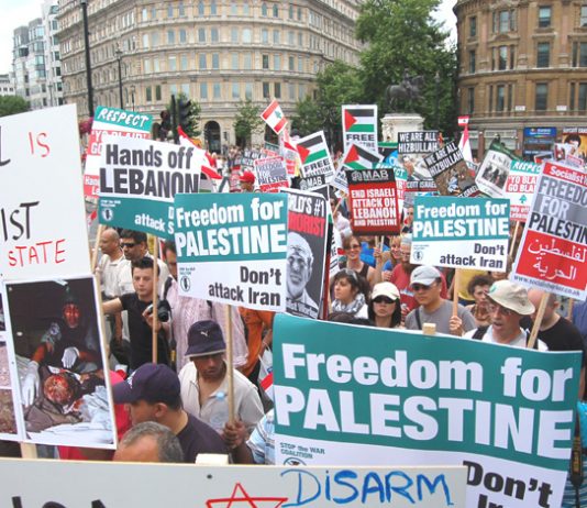 Marchers in Trafalgar Square opposing any attack on Iran during a rally last July against the Israeli attack on Lebanon