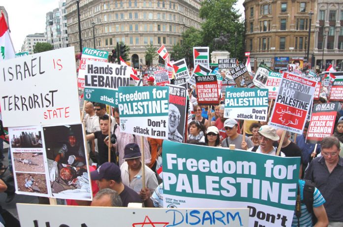 Marchers in Trafalgar Square opposing any attack on Iran during a rally last July against the Israeli attack on Lebanon